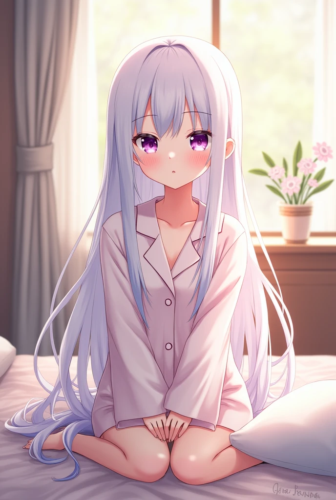 1girl, anime style, youthful, long_hair, ((smooth texture hair)) ((hazel eyes)), ((long white_hair)), ((purple eyes)), morning view, full_body, indoors, lips ((swept bangs)), ((sitting)), ((wearing pajamas)), very detailed and high resolution