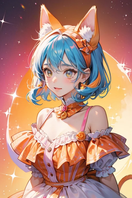 Popcat is a girl cat with a pink and orange bubble pattern, and orange ears. SPARKLE; GLITTER