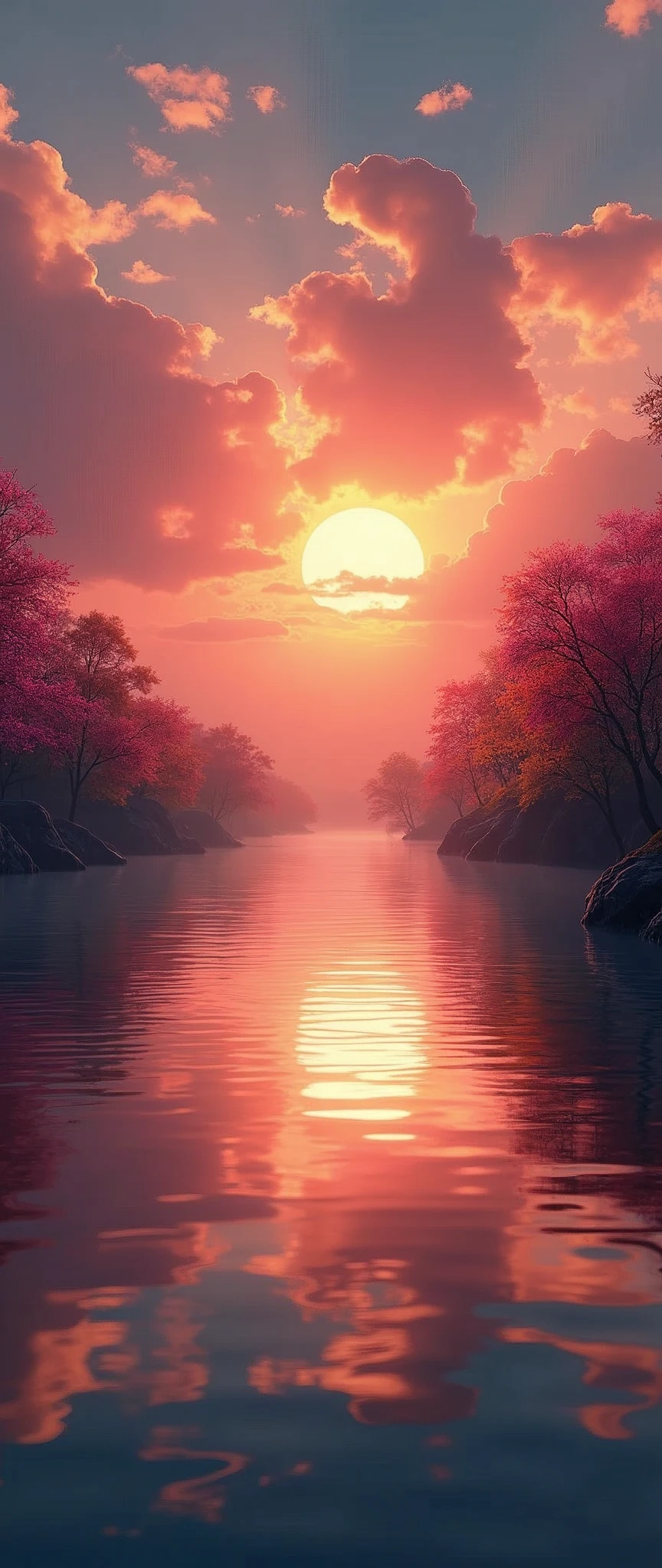 (masterpiece:1.2,Highest quality,Ultra-high resolution,Very detailed,Realistic,RAW Photos:1.2,Elaborate photos),8k,wallpaper,(Ray Tracing),Japan,(Majestic river,Beautiful water surface,Diffuse reflection of light,Calm,healing,Gentle Sunset,A long sunset reflected on the water),A photo that expresses clouds and flowing water