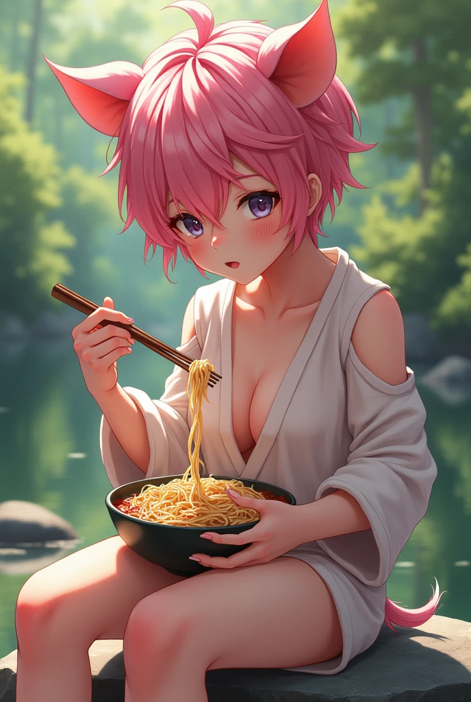 Beautiful boy with pink hair, succulent and sexy and very sensual curves, rather sloppy pig cosplay with torn suit, face and facial features delicate and a little rustic and clearly blushing, very detailed, 8K, riding on a rock eating soba, a yaoi work anime teacher