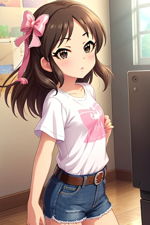 Tachibana Arisu, long hair, brown eyes, brown hair, bow, hair bow, blush, ribbon, looking at viewer, stand, white shirt, t-shirt, belt, denim shorts, shorts rolled,from side