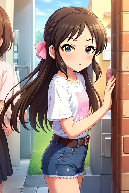 Tachibana Arisu, long hair, brown eyes, brown hair, bow, hair bow, blush, ribbon, looking at viewer, stand, white shirt, t-shirt, belt, denim shorts, shorts rolled,from side