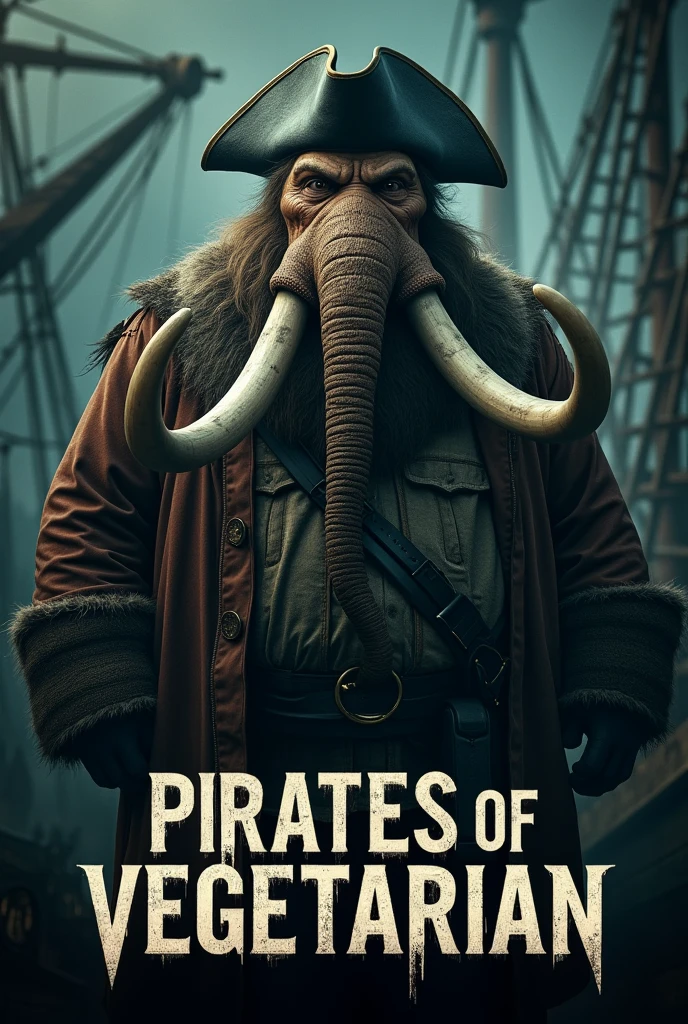 Create a cinematic poster featuring photorealistic portrait of Dressed animals - a ((fat)) mammoth pirate, , wearing  pirate costume and  pirate hat , with a serious, intense expression, He should be slightly off-center in the composition, The background should be dark and gritty, pirate's ship with smoky or grunge textures, Use a color scheme of black, deep blues, and dark greens, with subtle silver or gold accents to capture the show's mood, At the bottom of the poster, place the text "PIRATES OF VEGETARIAN" in large, bold, distressed letters, in a sans-serif font. The text should have a cinematic style, with slight shadow or glow effects to make it stand out against the background.