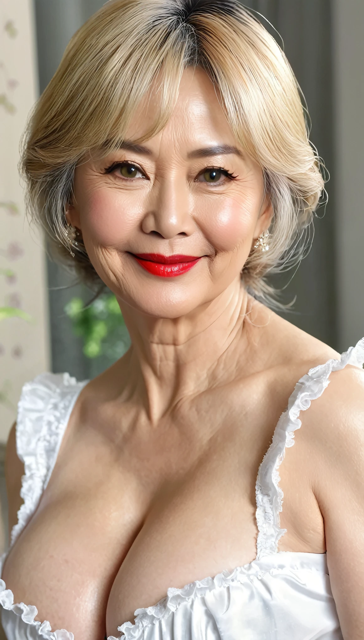 (Hyper Real)、65歳のBeautiful mature womanメイド、
Very large 、Beautiful mature maid　High resolution　High resolution　Realistic　short hair　 blonde、成熟したBeautiful mature woman、Beautiful mature womanメイド、(((Big big boobs)))、(( Big big cleavage))、Fine skin、超High resolution、Realistic、Plump figure、A kind smile、Beautiful middle-aged woman、Beautiful expression、 Fine green eyes、blonde、Fluffy long hair、非常に繊細でFine skin、65歳のBeautiful mature womanメイド、(Beautiful mature woman)、Beautiful mature womanメイド、Big big cleavage、(((Big Ass)))、Bright red lips、Wearing sexy maid clothes、(((alone)))、