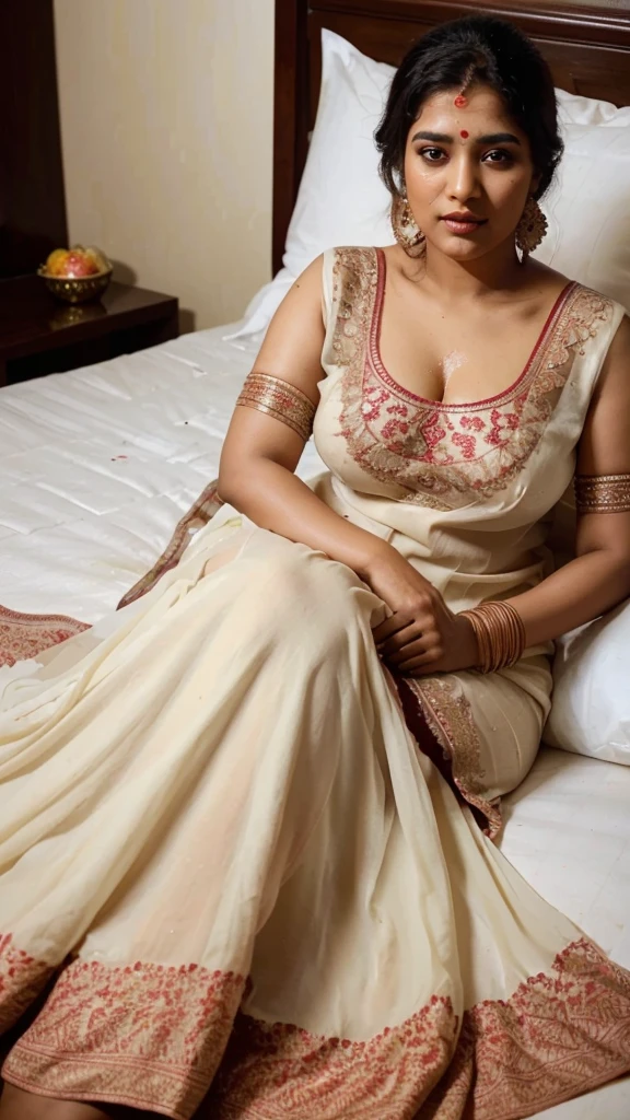 Day scene, full body photo of a plus sized 45 year old indian with a man from top view, (Masterpiece, Best Quality, High Resolution), bedroom Background, (cum Splash on her breasts and face, cum Splash on her face, Splash of cum on face, cum Splash on her blouse, cum Splash on her eys), Sweet 25 year old South indian women sitting on a bed, hour glass body red lips, wearing cream chiffon gown, lightly makeup,ultra realistic, realistic, look at viewer (cinematic:1.3), intricate details,