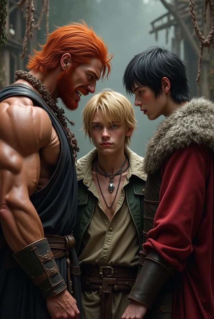 A realistic image of a red-haired adult with muscles and an angry face, a young blond man with a kind face and a dark-haired ager with a psychopath face, all in medieval clothes, all are male and they hate each other.