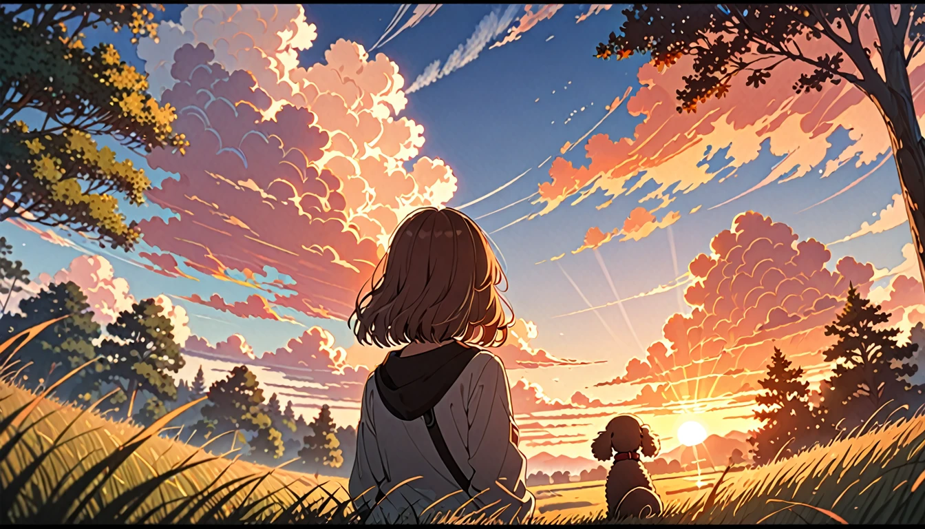 a girl and her poodle dog watching the sunrise,detailed portrait of girl's back,beautiful morning landscape,natural lighting,warm colors,detailed clouds,detailed grass and trees,detailed sky,animetic,highly detailed,8k