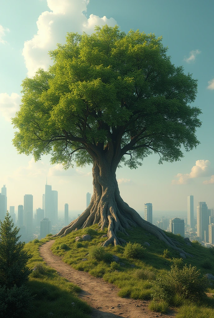 I am the oldest tree on earth in a city of the future. I am the last tree that is cared for on earth so as not to forget the past. , Very real style details throughout the image volume shadows the message I want to convey is to take care of the earth so as not to lose hope, 24k photographic composition special colors photographic composition unique piece