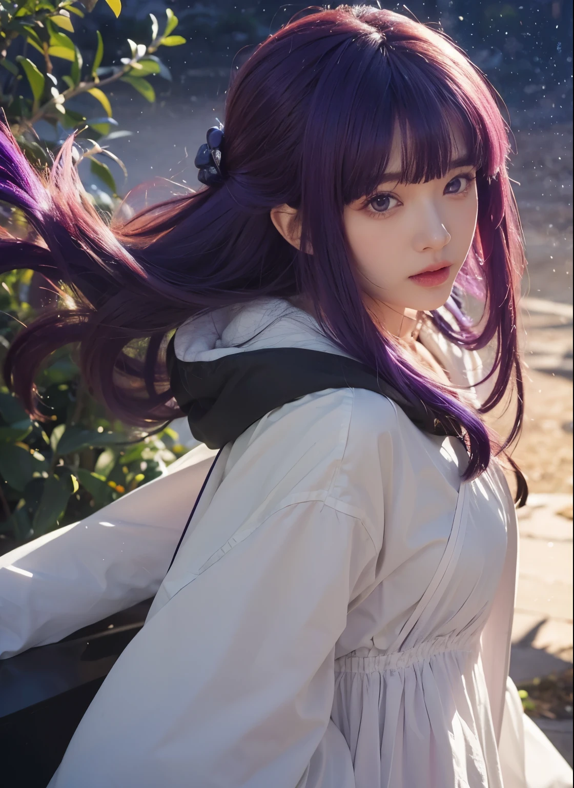 Fern, caracter of frieren anime, purple eyes, purple hair, white clothes, outdoor background, ultra realistic, ultra detailed, best quality, masterpiece.