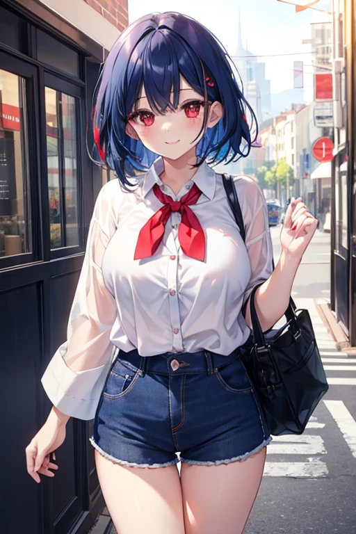 Red eyes, Bob Hair, Large Breasts,Navy Blue Hair, Inner Color, White blouse,Shorts smile cute