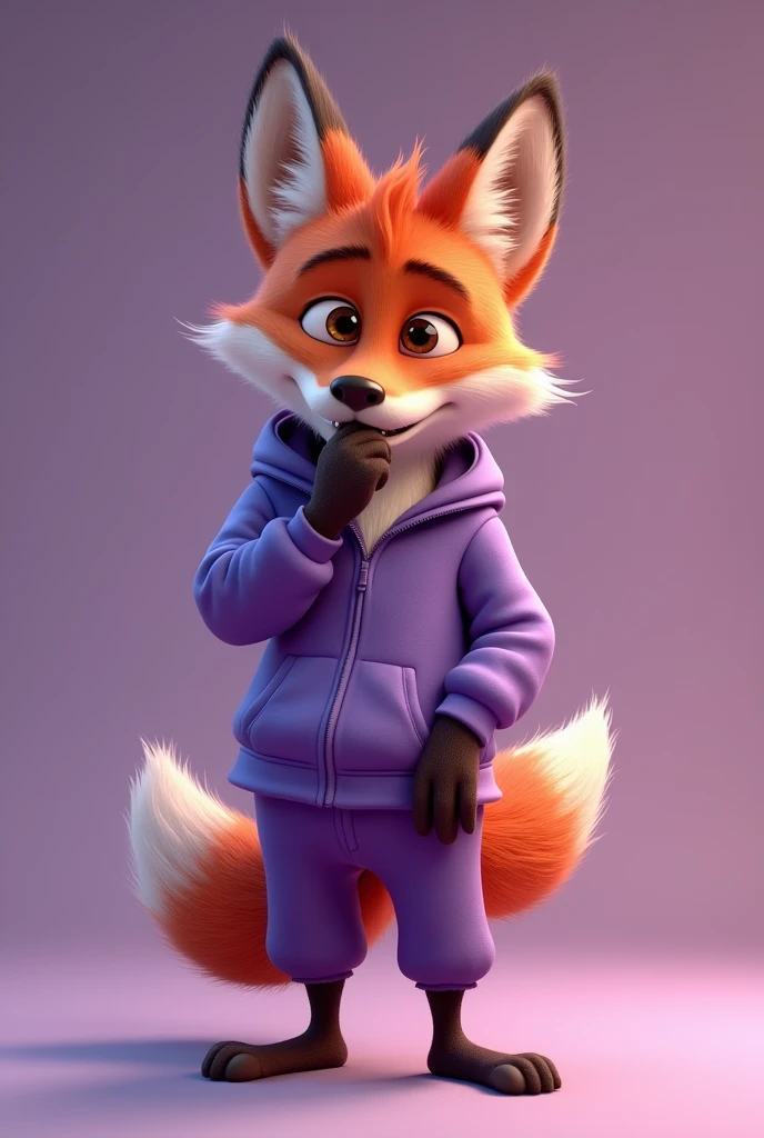 A disney pixar 4d style fox wearing a purple tracksuit and stylish dropshipping happy standing smiling covering his mouth with a happy look a young mature fox covering his mouth with his hand and giving a slight smile