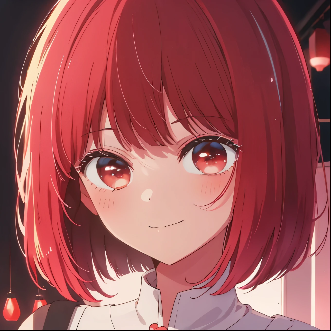 Arima Kana、My Favorites 、illuminated by spotlight、A radiant smile、Bobcut、Red Hair、Dark red and red eye star pieces、Highest quality、Perfect Face、beautiful、Delicate face、Perfect Face立ち、Cute Face、Masterpiece、Highest quality、Colorful background