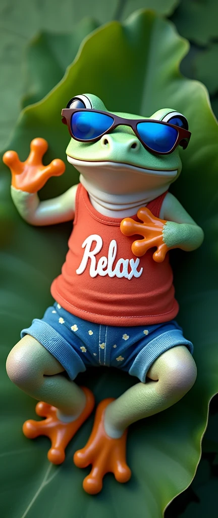 A frog, lying on a Victoria Regia leaf, with the belly up, light green skin tone on the back and white on the belly, one front paw holding the belly and the other front paw holding the head. He is wearing blue sunglasses with transparency in 50%. Dressed in blue floral shorts and a red tank top with a printed print "Relax"