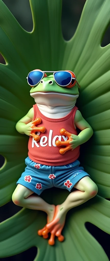 A frog, lying on a Victoria Regia leaf, with the belly up, light green skin tone on the back and white on the belly, one front paw holding the belly and the other front paw holding the head. He is wearing blue sunglasses with transparency in 50%. Dressed in blue floral shorts and a red tank top with a printed print "Relax"