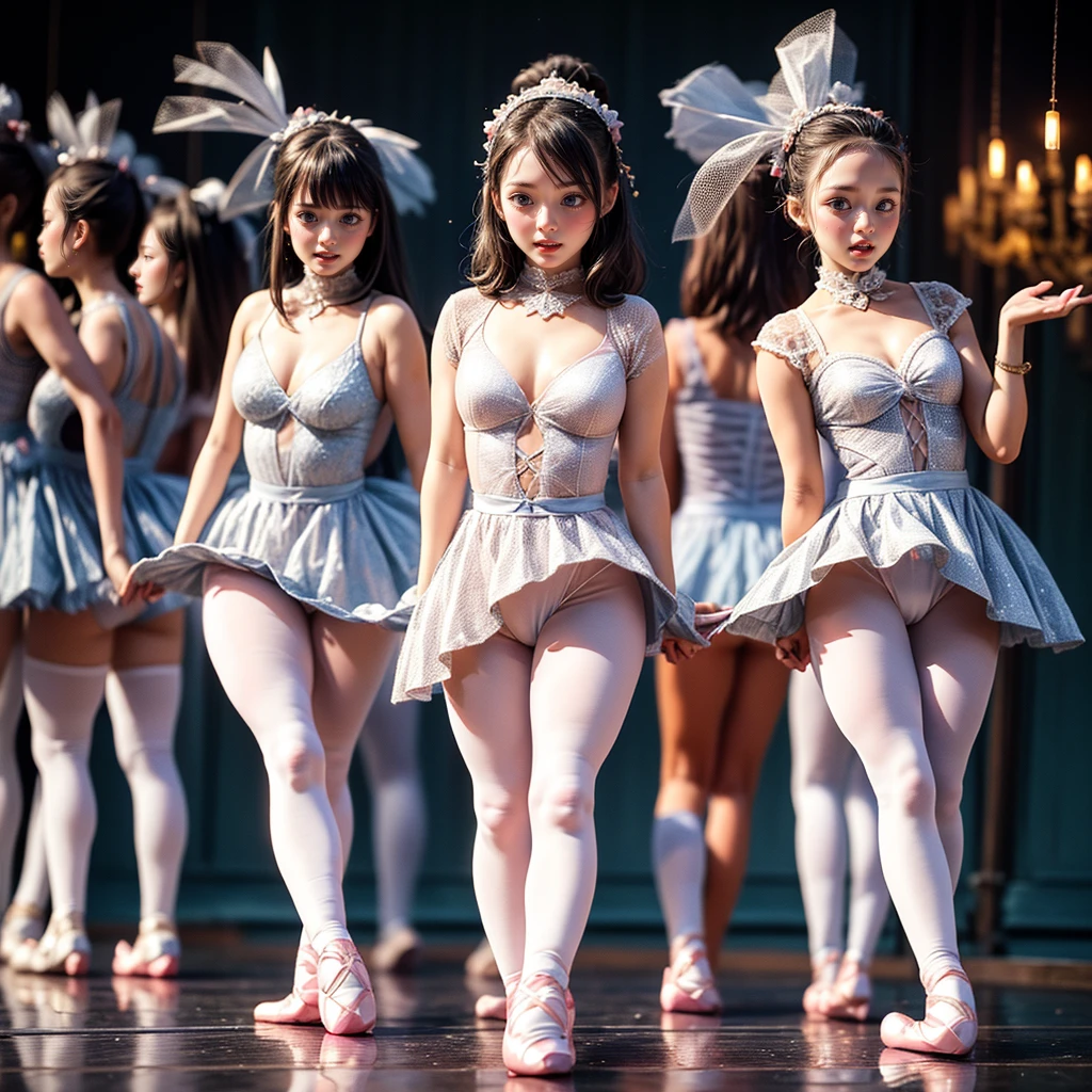 SFW, ExtremelyDetailed (((Kawaii Ballet Girls Group in a row:1.37))), Childish perfect face, Reflective Eyes, Detailed(Delicate Clothing textures), corrected hand, Dynamic Joyful Expressions LifeLike Rendering, (Specular Reflection:0.2), TopQuality 8K Ultra-detailed masterpiece (ProfessionalPhoto:1.37), (Acutance:0.8), (Luminism:1.28), (Light particles:0.75), (Muscle:-0.5), facing away (from side ) (Clearly visible Beautiful hip shape)