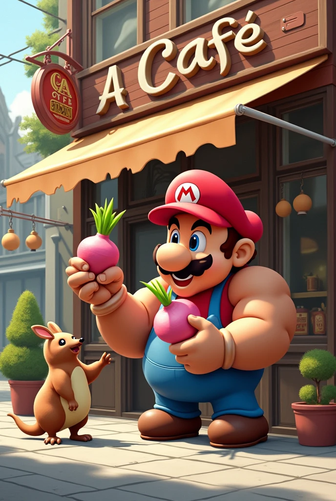 brown skin mario with small legs and body with giant forearms stealing pink radish and onion from a cafe named A Cafe ,with a platypus as a pet
