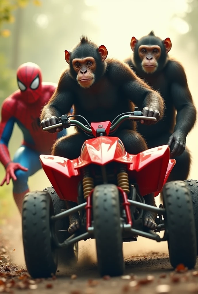 Three monkeys are riding a quad bike, Monkeys have gangster qualities, They are assaulting an old lady while Spiderman is behind them