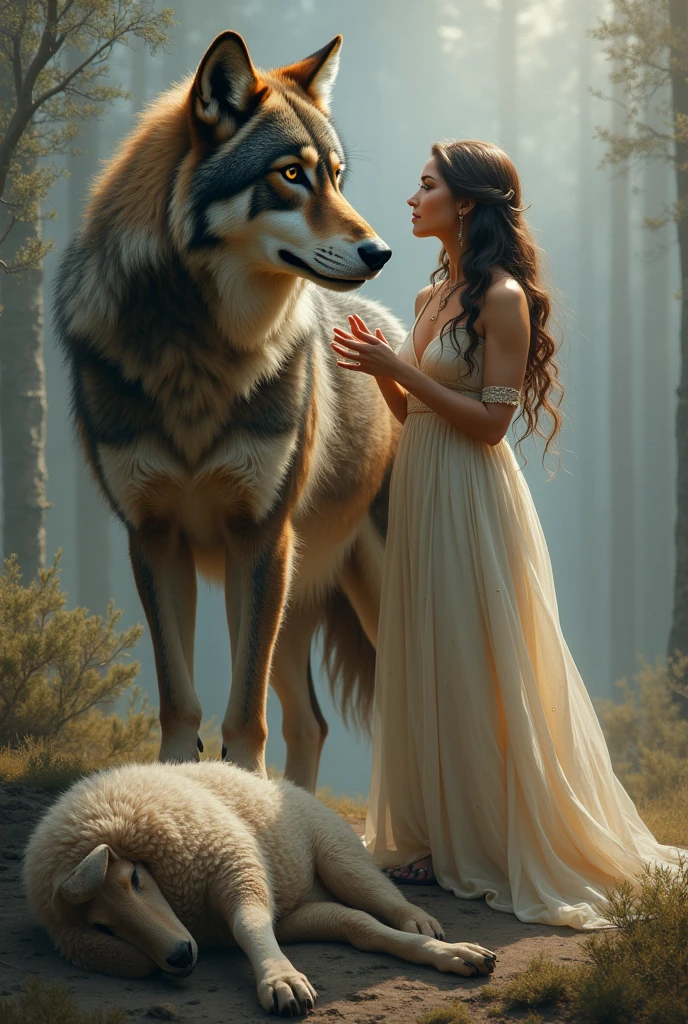 Woman congratulating a wolf, dead sheep