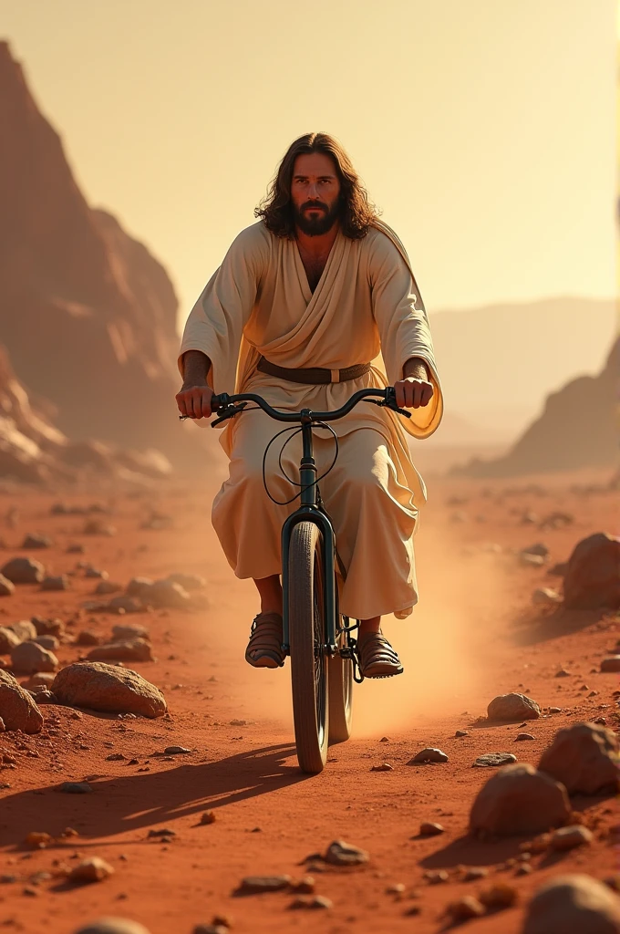 Pls generate an image of jesus Christ riding bicycle on mars not cartoonitistic it was orginal image and real beautiful awesome and people like this 