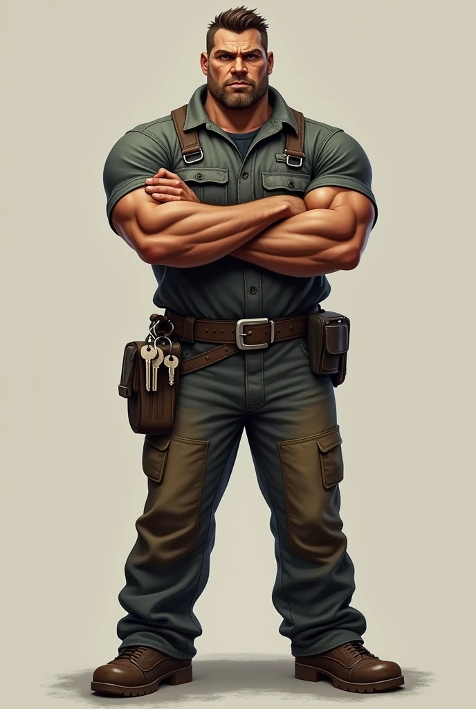 Make a somewhat strong man with brown skin color with his arms crossed wearing mechanic&#39;s clothes and keys in his hand