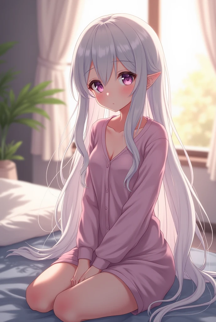 On all fours、crawl on all fours、Semi-long hair、Light silver hair、Pale purple eyes、Blushing、Small breasts、Small breasts、、Blushing、Random underwear、Random erotic poses、Bedroom、On the bed、Sexy expression、、Glamorous expression、M-shaped spread legs、Glamorous expression、