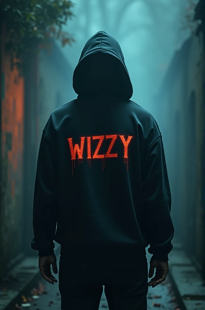 A man wearing a hoody with wizzy written on the back