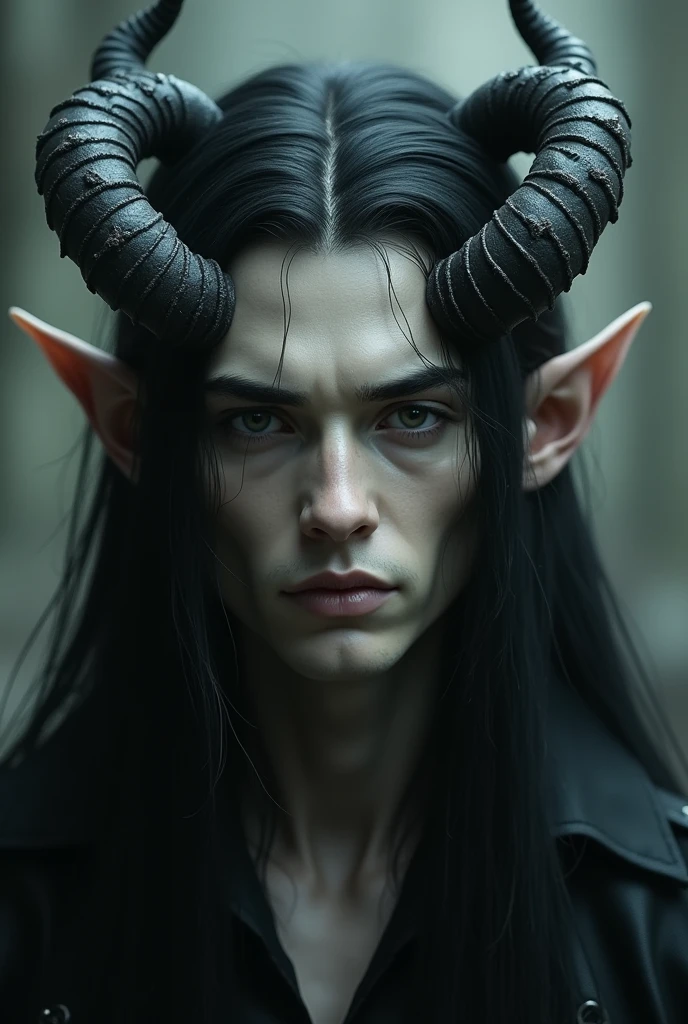 man, cheveux longs noirs, Elven ear demon horns pale complexion
