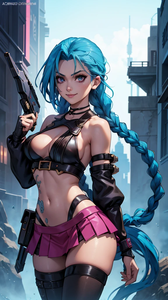 Jhinx, arcane, Jhinx character from League of Legends, long neon blue hair in braids, Perfect big breasts, scantily clad, underwear, Sex Woman, perfect hands, double hair braids, Braided hair, Minipistola, Juxtaposition of light& shadow, moody, intense, feroz, cinematic lighting, rake light, Long luminous shadows, high quality, smiling while holding a shark-shaped rocket launcher, anime style face, perfect body, mini skirt, Steampunk clockpunk --ar 6:9 --s 1000 --c 12 --q 2 --v 5.2