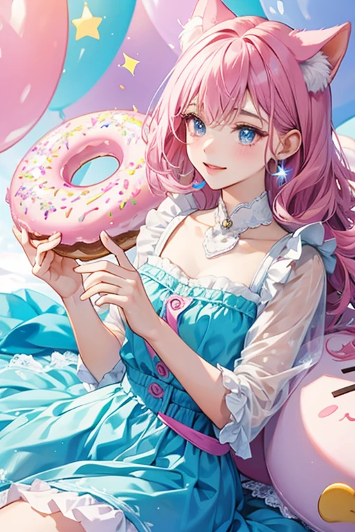 Sweetie Paws is a pink girl donut-shaped cat with a blue head with pink, white, yellow, and purple stars, a yellow, blue, white, and purple sprinkle pattern on their underside, and an ombré lavender, pink, and blue tail. SPARKLE; GLITTER