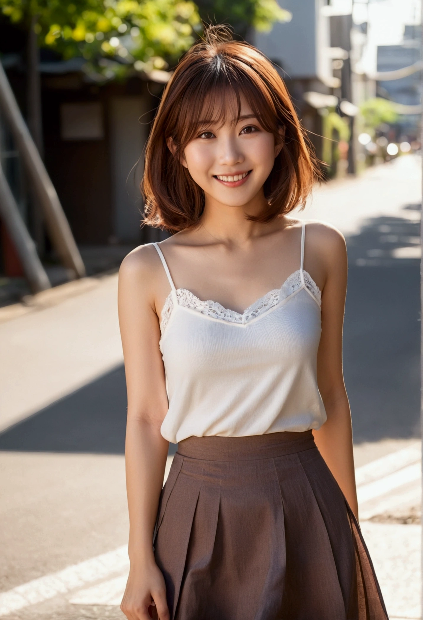 Top quality, 1 cute japanese woman, medium Hair, brown hair, wearing  Camisole & skirt, shy-smile, Sunlight, at street