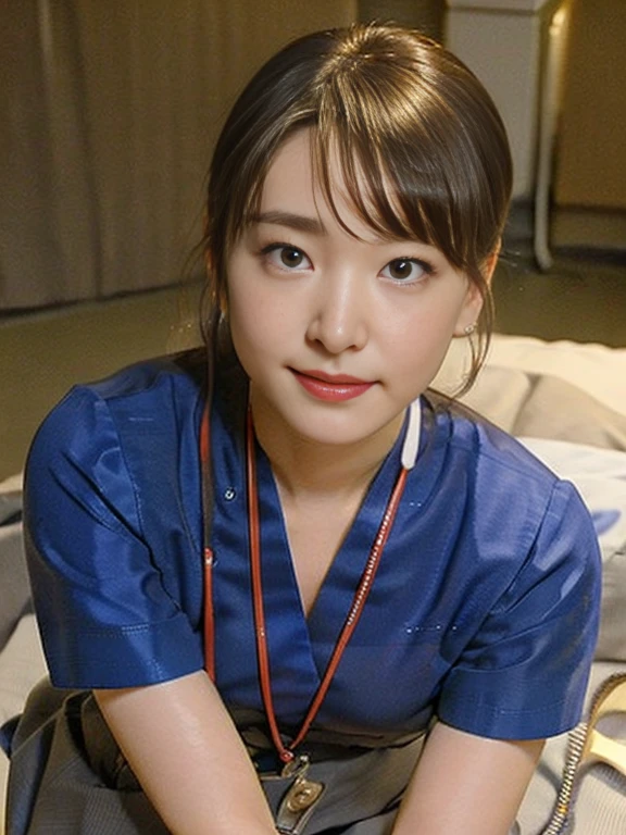 (Masterpiece, Best quality:1.2), (Ultra realistic, Photo-realistic:1.2), Full body, (From above, looking up:1.2), (kneeling:1.3), Natural light, 25 years old actress, Japanese women, Neat and clean, cabincrew, (cabincrew uniform:1.2), (unbutton:1.3), (ponytail:1.2), Light brown hair color, (Beautiful Face), Oval face, clear, (Beautiful eyes, Kind eyes), (Clear skin), Small face, (Small mouth, Beautiful mouth), Natural makeup, Approachable, (Luxury hotel Suite room, On bed:1.2), nsfw, Seductive smile, (Seductive pose:1.2), Beautiful thighs, Bedroom eyes,