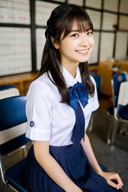 High resolution, Realistic, Hyperrealism, Ultra Sharpness, Detailed eyes, (classroom, blackboard), (Rows of desks, Chair), The best light, break, (One girl:1.5), (alone:1.5), Browsing Caution, Japanese, Idol, cute, 18-year-old, Silk Skin, Small face, Ridiculously long hair, Swept-apart bangs, break, (High school summer uniform, The uniform consists of a short-sleeved white collared shirt and a navy blue pleated skirt, The uniform has a small plain dark blue bow tie, the uniform does not have any logo), (chest_outside:1.3), (Beautiful nipples, Small areola), white ankle socks, Black Loafers, break, Sitting, (Spread your legs), (Show the cat), (Spreading pussy:1.4), (Happy:1.5), Angelic_smile, (From below:1.5), (anus:1.5)