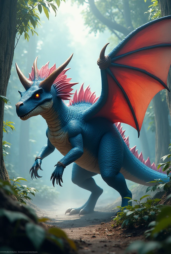 A SPINOSAURUS WITH A BLUE TRISERATOTS HEAD AND HAVING RED WINGS
