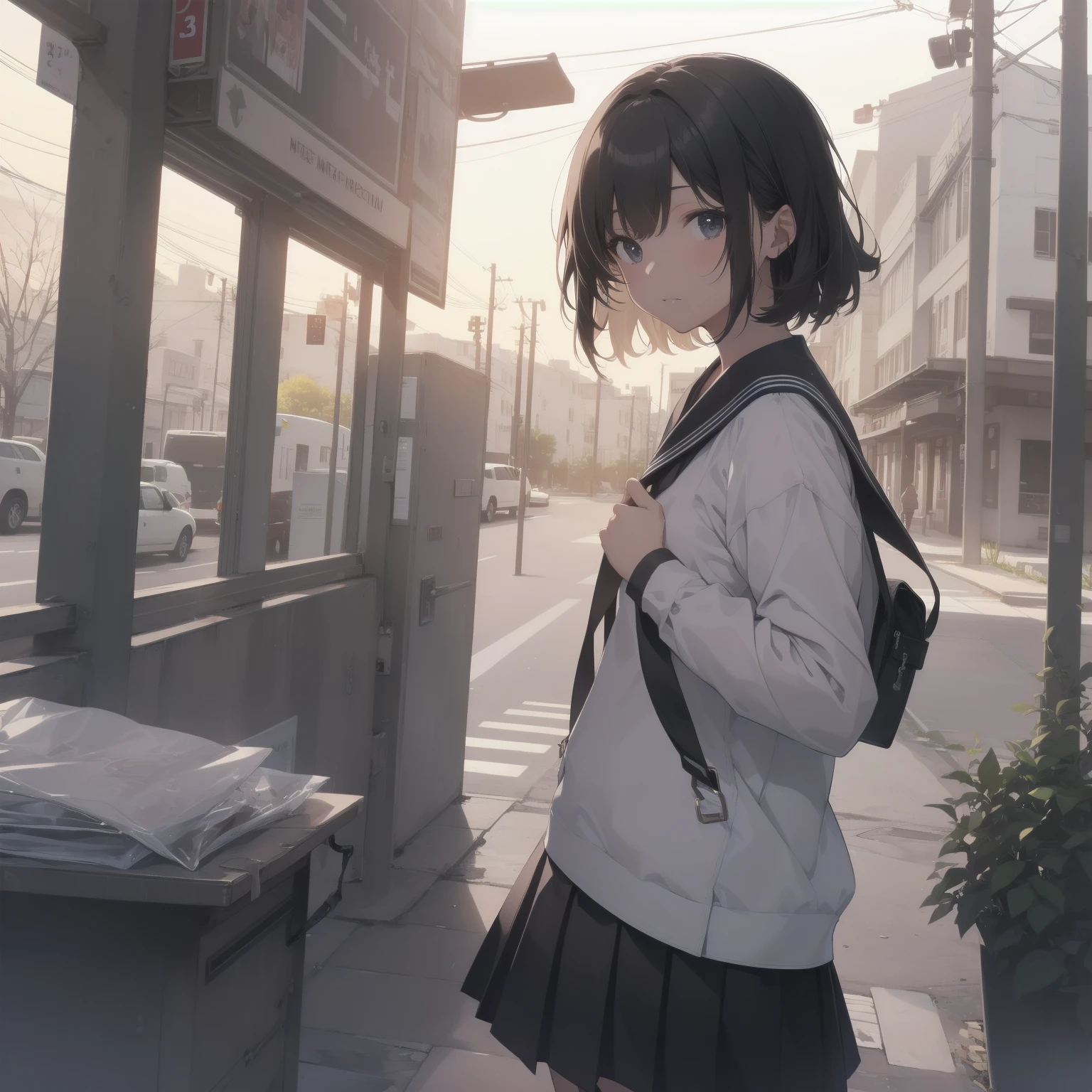 ultra-absurdres-Top quality by artist God, ultra-detailed, high resolution, anime moe artstyle, best anime 8k konachan wallpaper, pixiv contest winner, pool:2810, perfect anatomy,break, 1girl, (Please draw a girl walking sleepily to school alone. )break,(Solo,little female, 13-year-old:1.3),Full limbs, complete fingers,a junior high school student, (very short hair), short cut, flat chest, , small butt, small black eyes, beautiful detailed eyes, well-proportioned iris and pupils, expressive eyes, highres detailed hair, soft expression, salor school_uniform, sailor collar, serahuku, bow, pleated skirt,(Detailed Lighting), (Detailed background), in the School commute route. break,super detailed skin, Best cinematic lighting powered by famous artist, 8k,beauty illustration,photoshop_(medium),very aesthetic,break,((artist:ayu_(mog) )), artist:clamp ,artist:carnelian ,artist:kantoku ,
