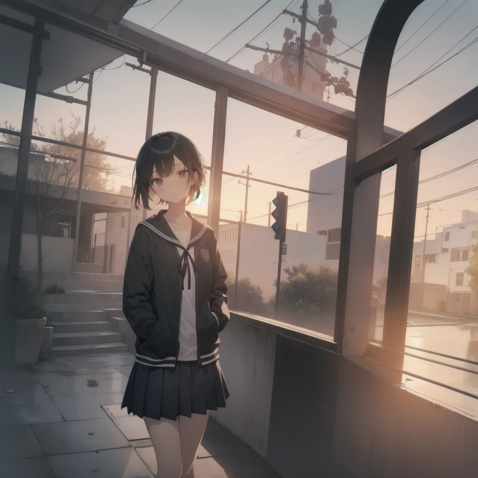 ultra-absurdres-Top quality by artist God, ultra-detailed, high resolution, anime moe artstyle, best anime 8k konachan wallpaper, pixiv contest winner, pool:2810, perfect anatomy,break, 1girl, (Please draw a girl walking sleepily to school alone. )break,(Solo,little female, 13-year-old:1.3),Full limbs, complete fingers,a junior high school student, (very short hair), short cut, flat chest, , small butt, small black eyes, beautiful detailed eyes, well-proportioned iris and pupils, expressive eyes, highres detailed hair, soft expression, salor school_uniform, sailor collar, serahuku, bow, pleated skirt,(Detailed Lighting), (Detailed background), in the School commute route. break,super detailed skin, Best cinematic lighting powered by famous artist, 8k,beauty illustration,photoshop_(medium),very aesthetic,break,((artist:ayu_(mog) )), artist:clamp ,artist:carnelian ,artist:kantoku ,