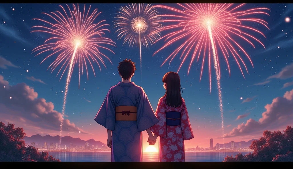 (best quality, masterpiece, ultra detailed), Japanese men and women look up at the beautiful fireworks shining in the summer night sky. The man is wearing a yukata, and the woman is also wearing a gorgeous yukata. The two are holding hands and looking at the fireworks with smiles on their faces. A scene that exudes a romantic atmosphere.