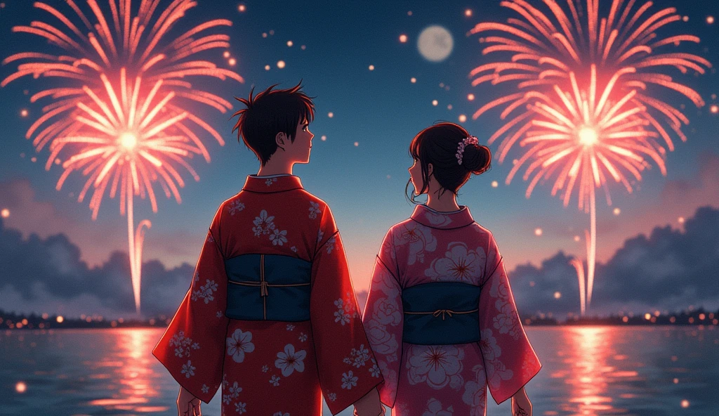 (best quality, masterpiece, ultra detailed), Japanese men and women look up at the beautiful fireworks shining in the summer night sky. The man is wearing a yukata, and the woman is also wearing a gorgeous yukata. The two are holding hands and looking at the fireworks with smiles on their faces. A scene that exudes a romantic atmosphere.