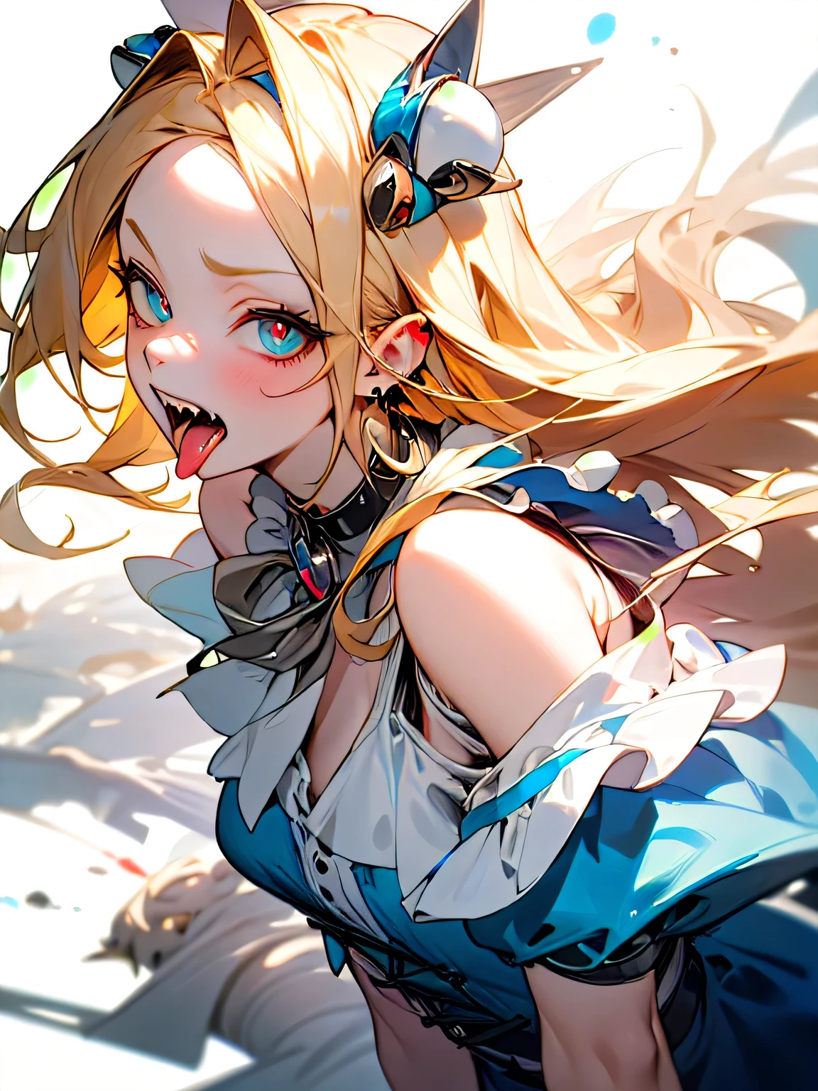 from above,sideview,(masterpiece:1.2), Highest quality,((Alice in Wonderland))、Pixiv,Rebellious girl, One girl, tongue, alone, tongue out, teeth, Open your mouth, jewelry, Earrings, Blonde Hair, Earrings, View your viewers, tongue Earrings, sharp teeth, Mercury eyes, Hair between the eyes, ear Earrings, Long Hair, big forehead, hair ornaments, Exposing shoulders、I am the main character、