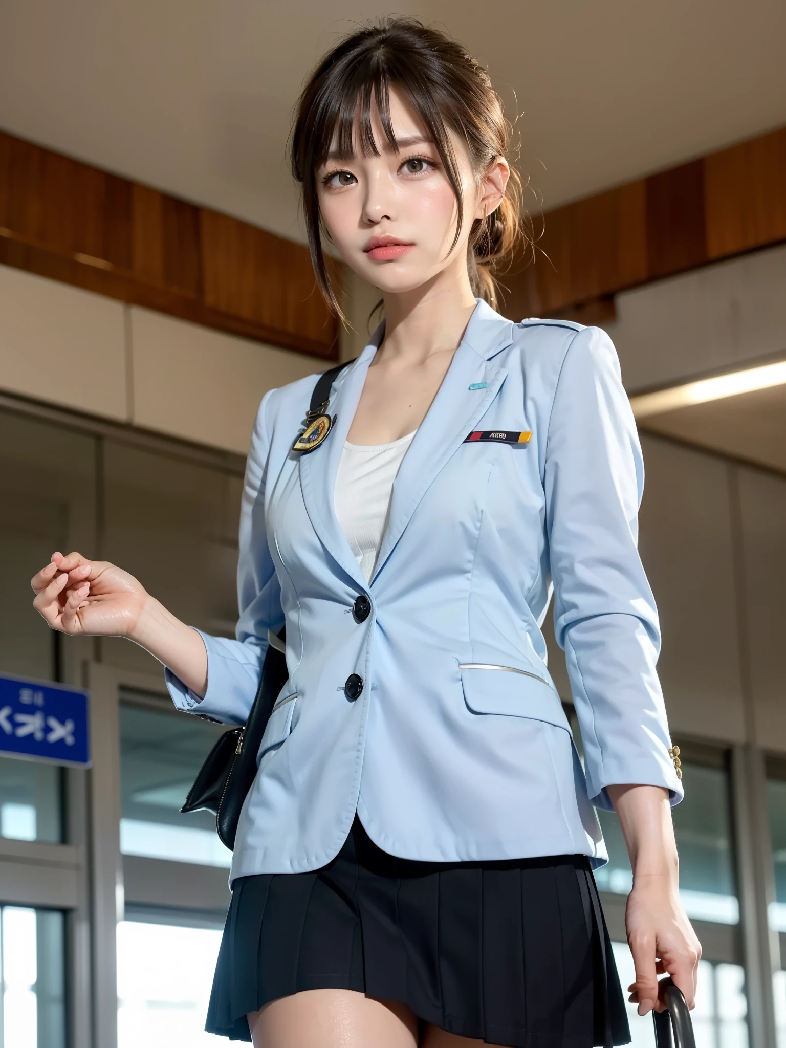 ((Best of the highest quality, 8k, Masterpiece, raw photo: 1.2)), (Sharp focus: 1.2), (1 AESPA, slim body type female, 21 y/o: 1.1), (solo: 1.28), (realistic, photo-realistic:1.37), cute face, finely eyes, (droopy eyes: 1.32), (Emphasize prominent aegyo-sal with bright: 1.2), shimmering eyeshadow applied under the lower lash line, paired with thick, (small breasts, flat chest, Thigh: 1.3), (short messy hair, bangs, updo: 1.2), (airline uniform, blazer, skirt: 1.32), walking airport terminal, (from below: 1.12),