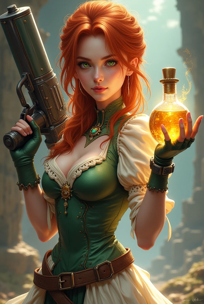 Draw a redheaded woman for a character in d&d being an artificer holding a plasma cannon in one hand and a potion in the other. The clothes are from the classical era and the design is romantic.