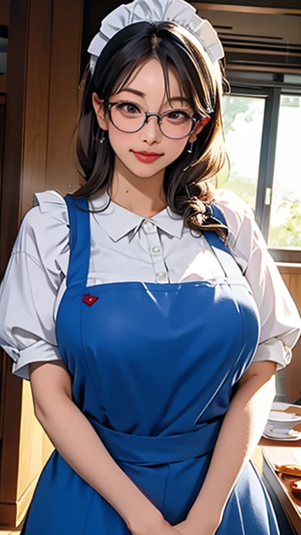 masterpiece, best quality, high resolution, absurdres,
1gir,gigantic breasts, wide hips,mature female, maid apron, glasses,