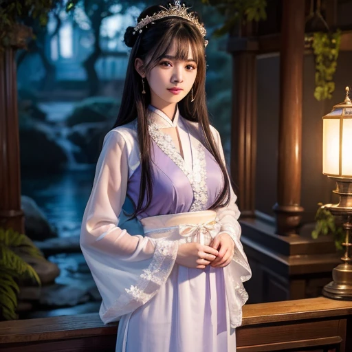 best quality, Delicate face,beautiful visual work, lifelike, eternity, black hair, Long curly hair, blunt bangs, Smile, Detailed Background, Delicate face,blush,cold,((masterpiece))、(top quality)、8k、high detail、Super detailed,21 years old female,Wearing Tang Dynasty Hanfu、waist skirt, Clothes are light and fluffy,Hanfu, wide sleeves, Transparent sleeves, Tunic, Clothes made of chiffon, Seductive and whimsical style、masterpiece、born、Scenes resembling fairy tale illustrations、Intricate details and complex designs、Beautifully、magic、capricious、 Beautifully、Dream aesthetics、「𝓡𝓸𝓶𝓪𝓷𝓽𝓲𝓬、ethereal、charming、fickle、magic」、Realism、Visual effects、FXAA、SSAO、Shaders、voiceless、ambient lighting、Tone mapping、High resolution、Ultra high quality、Million pixels、(8K resolution:1.10)、8k、Below 8K、8K resolution、high detail、intricate details, (high quality:1.2、masterpiece:1.2、:1.21)、(21 years old female:1.21)、(Smile excitedly)、(Surrounded by a dream-like atmosphere、Model diagram,full-body shot,Normal 2 feet,Put your hands behind you,The protrusion of the breast is visible when wearing clothes, Large Breasts, H cup chest, antiquity, Xian Xia, gauze clothes, Soft and fluttering, Fairy, dream, fantasy, light, elegant, nature, Immortal, romantic, classical, ribbon, light purple clothes, By the stream