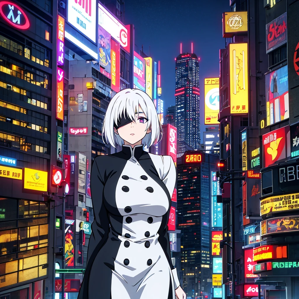 white haired short huge breasted android girl with light skin blindfold in a cyberpunk city at night