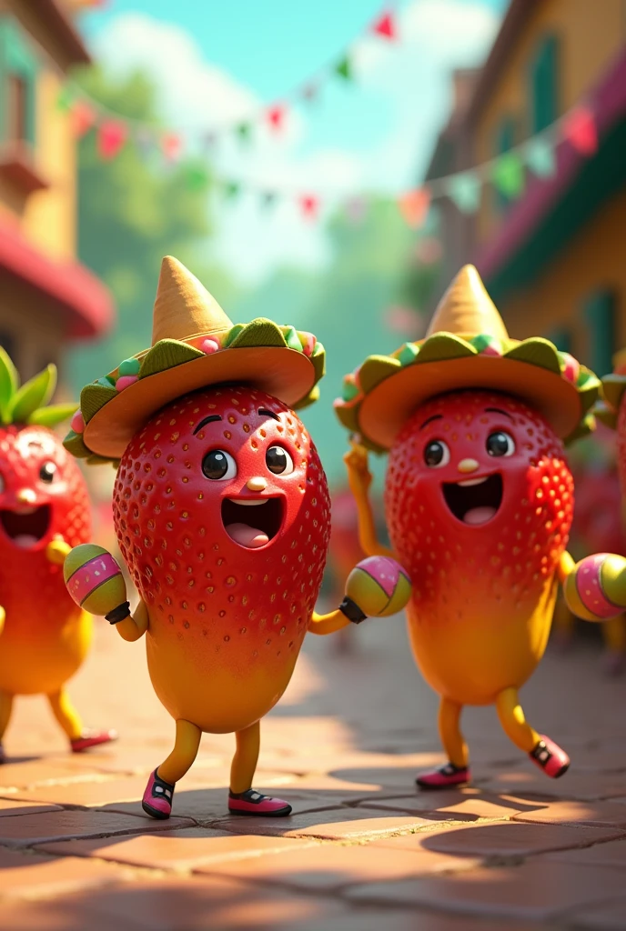 Generates a group of animated strawberry and banana characters dancing with sombreros and maracas