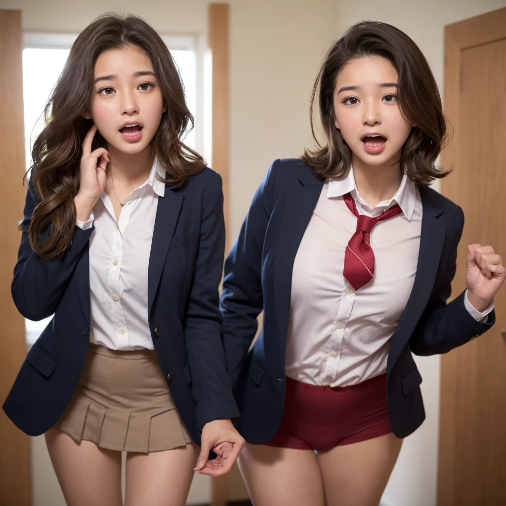 Beautiful 18-year-old high school girl in school uniform, High-end underwear exposed, Beautiful brown wavy bob hair, Screaming with her mouth open in shame at being seen, blush, Body flushed red, The woman&#39;s gaze is forward, Sweat dripping, Increased sensitivity, Clear, beautiful eyes, Ultra high definition, Clear white skin, Slender body, A man pulls up her skirt with his hand to reveal her panties:1.3, The lower body is exposed, Violently tousled hair, Japanese, Anatomically correct, Molester