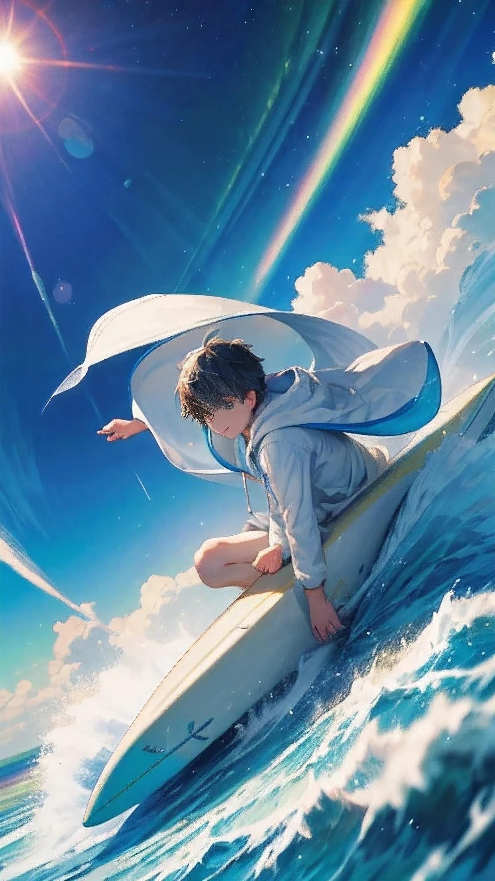 A young boy wearing a white hoodie, surfing on clouds, aurora trails, blue skies, windy, lens flare