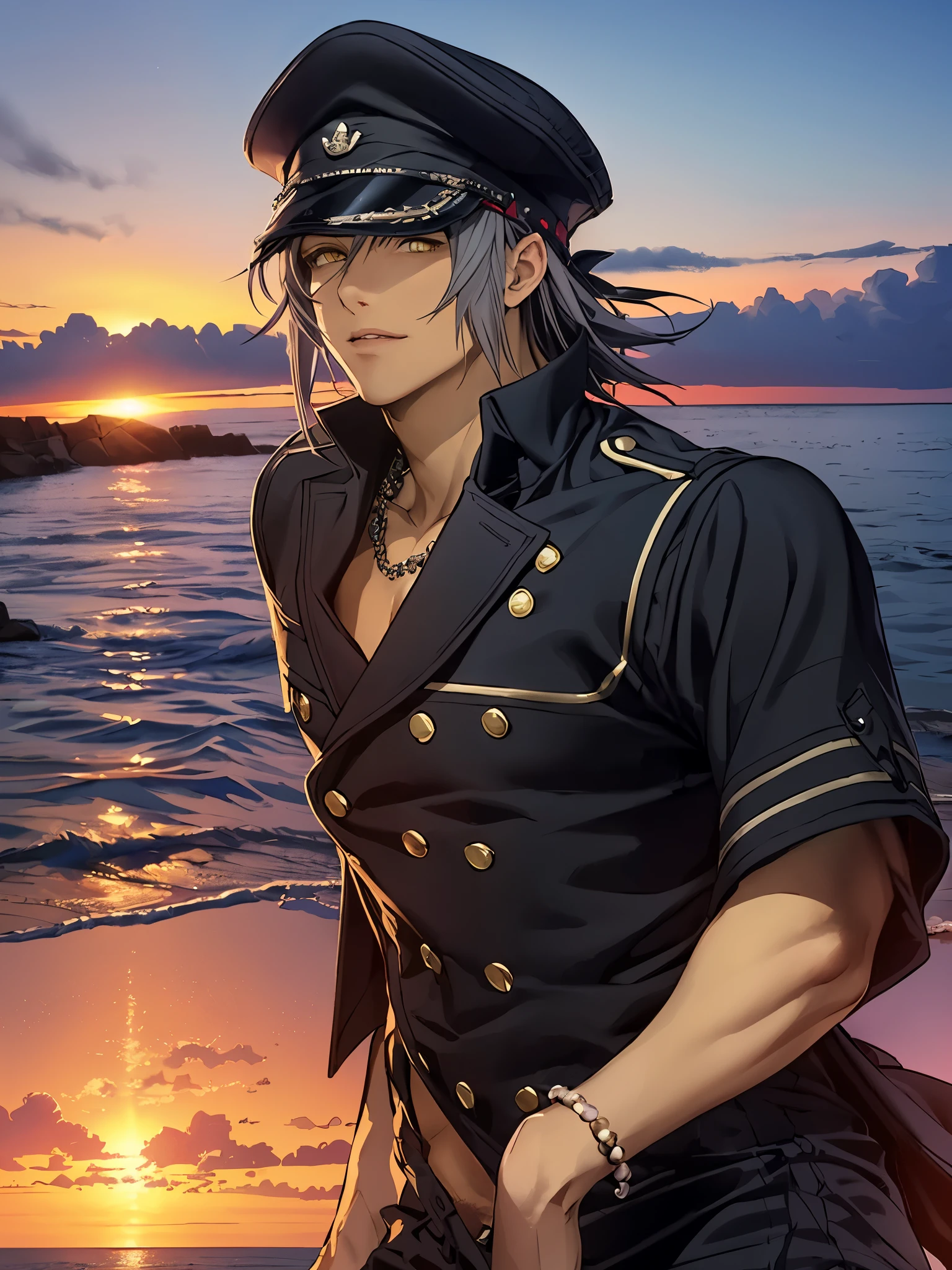 Sho Minamimoto, Male character, gray hair(purple tone), black pants, tan skin, medium hair, spiky hair, black cap. Marine scenery, sea view, yellow eyes, ultra-detailed,(realistic,photorealistic,photo-realistic:1.37), visual harmony, epic scenery, extremely detailed CG unity 4k wallpaper, spectacular lighting, sketch, best quality, amazing quality, very aesthetic.