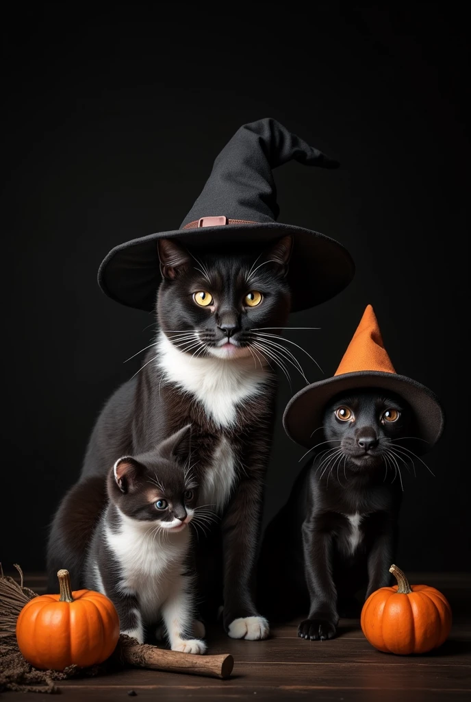 Realistic image of an adult black and white cat with a black spot near its nose and wearing a witch's hat, a black kitten with a witch's hat and a black dog with brown eyebrows and short fur with a witch's hat, all with short fur, black backdrop, witch's broom and halloween pumpkins