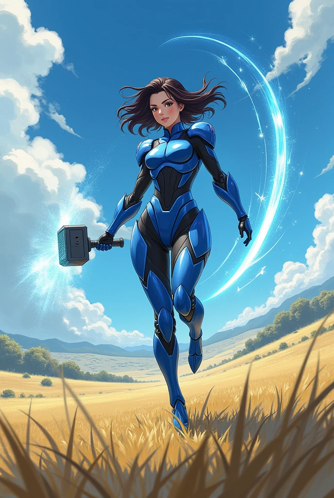 A woman in technological blue armor, invisible hammer, with turbines on legs speed ray swords, fighting in the field. アニメ