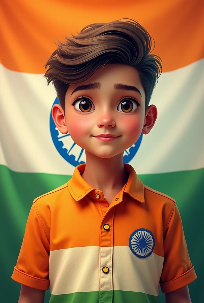 A beautiful boy wear a tiranga colour shirt 15 augt back ground is tiranga colour and written name subrata
